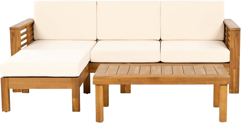 3-Piece Acacia Wood Patio Furniture Set with Sofa, Ottoman & Coffee Table, Outdoor Seating Set with Cushions for Patio, Garden & Poolside