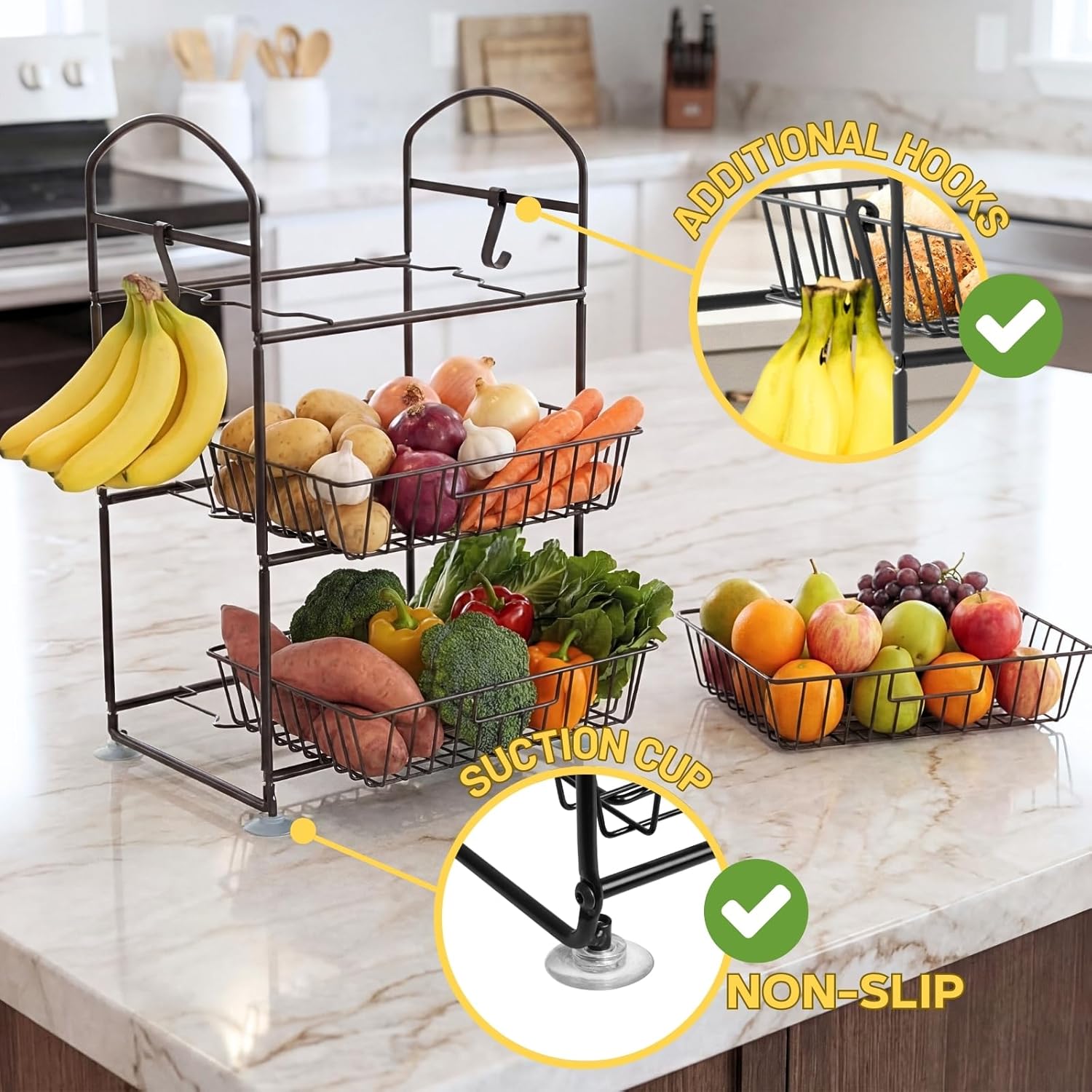 3-Tier Fruit Basket with Detachable Baskets, Countertop Vegetable Storage Organizer for Kitchen and Pantry