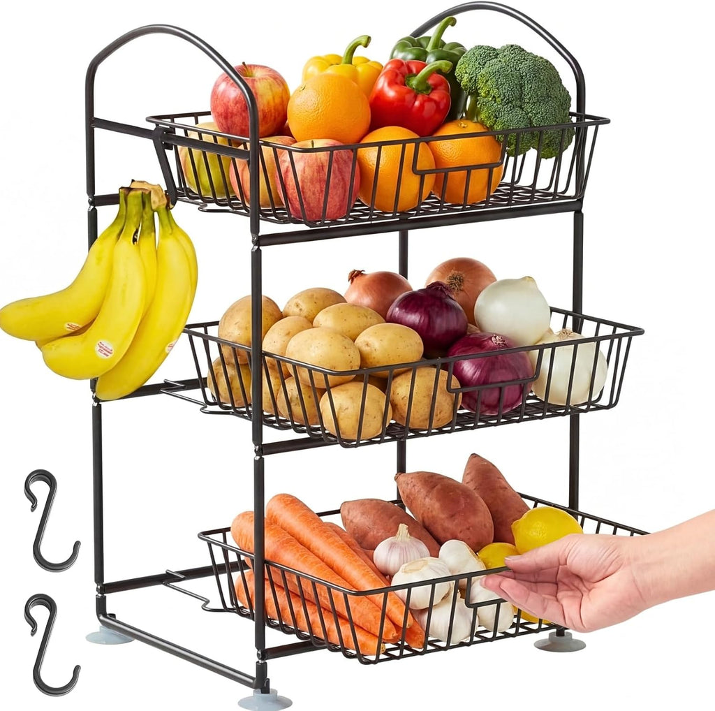 3-Tier Fruit Basket with Detachable Baskets, Countertop Vegetable Storage Organizer for Kitchen and Pantry