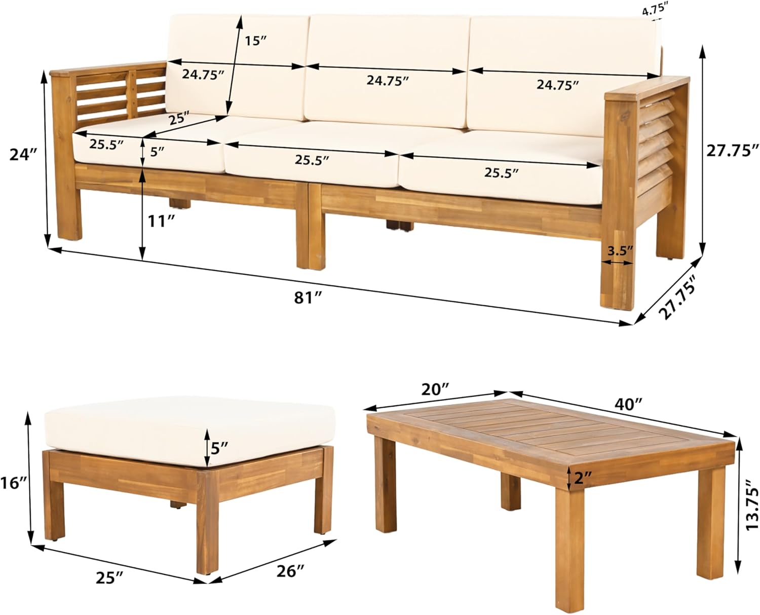 3-Piece Acacia Wood Patio Furniture Set with Sofa, Ottoman & Coffee Table, Outdoor Seating Set with Cushions for Patio, Garden & Poolside