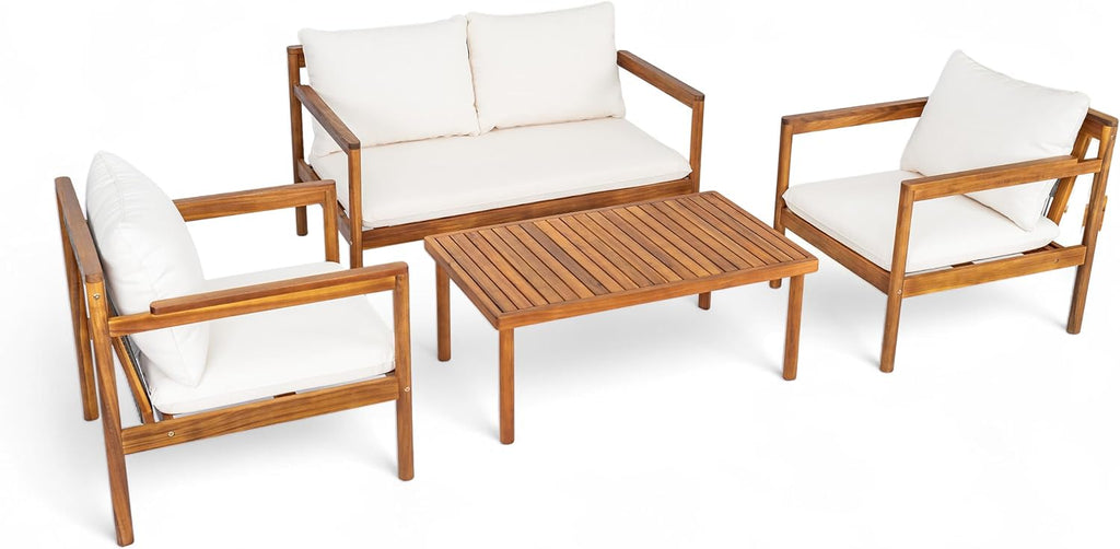4-Piece Acacia Wood Outdoor Conversation Set with Rope Weave Chairs, Cushioned Loveseat & Coffee Table, Patio Seating Set for Garden, Balcony & Deck