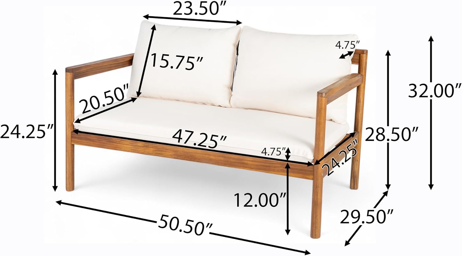 4-Piece Acacia Wood Outdoor Conversation Set with Rope Weave Chairs, Cushioned Loveseat & Coffee Table, Patio Seating Set for Garden, Balcony & Deck