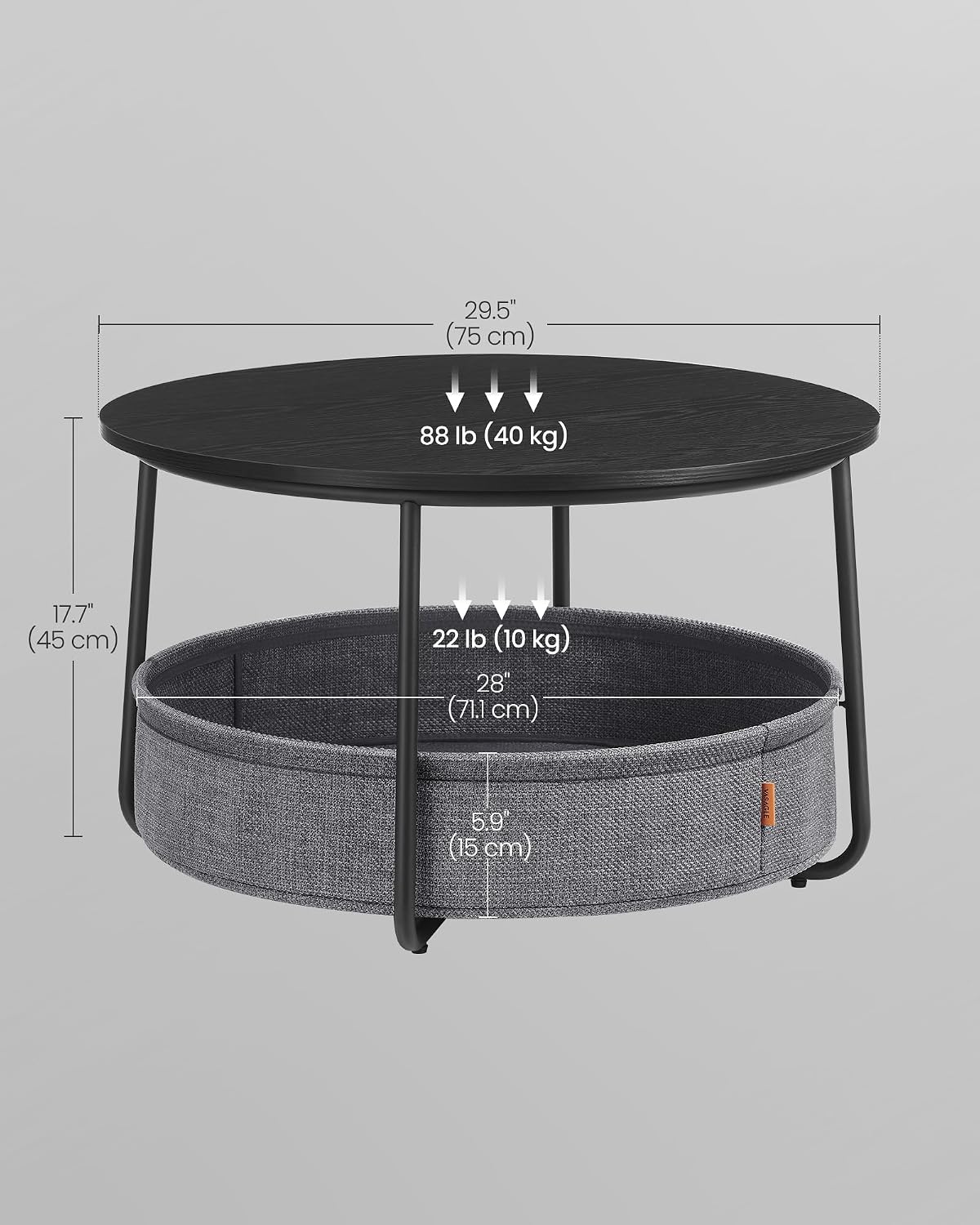Round Coffee Table with Storage Basket, Modern Living Room Center Table with Fabric Storage, 29.5 Inch Coffee Table for Small Spaces