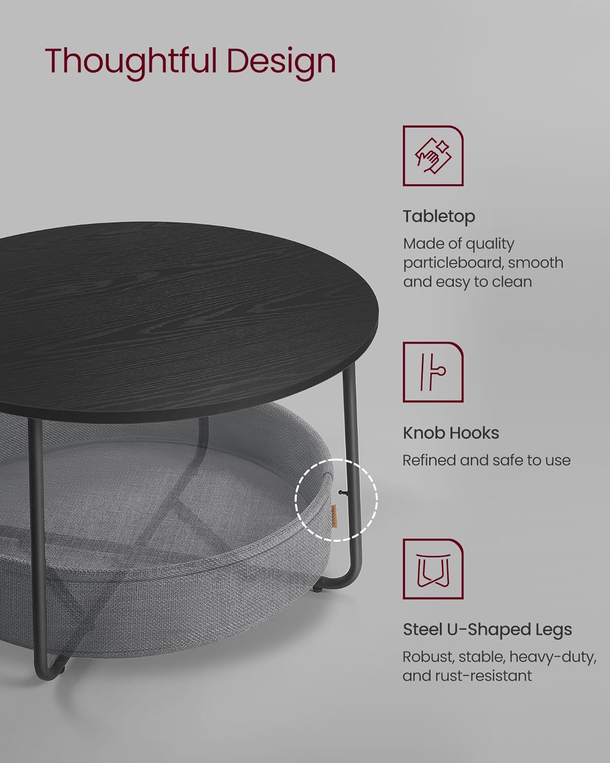 Round Coffee Table with Storage Basket, Modern Living Room Center Table with Fabric Storage, 29.5 Inch Coffee Table for Small Spaces