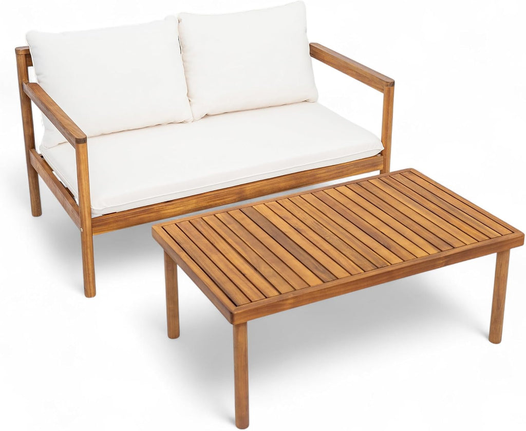 4-Piece Acacia Wood Outdoor Conversation Set with Rope Weave Chairs, Cushioned Loveseat & Coffee Table, Patio Seating Set for Garden, Balcony & Deck