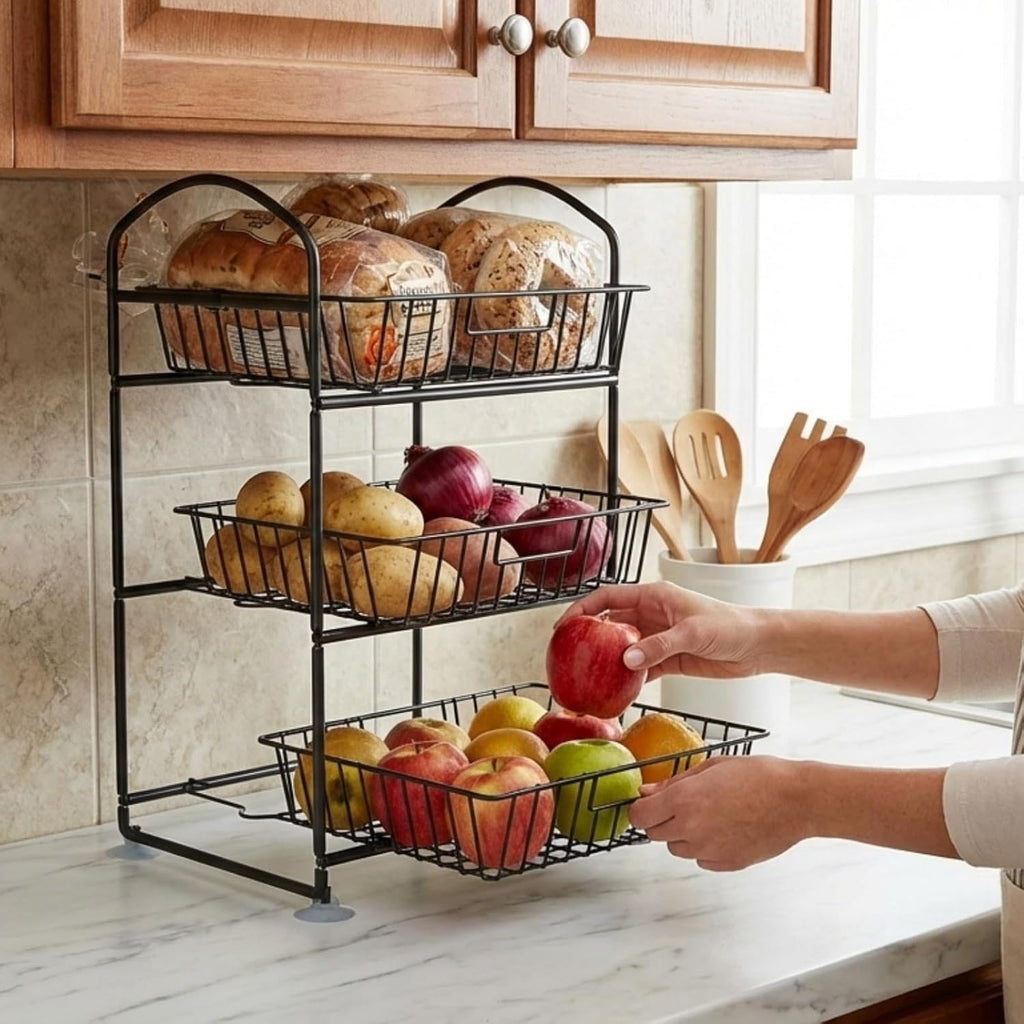 3-Tier Fruit Basket with Detachable Baskets, Countertop Vegetable Storage Organizer for Kitchen and Pantry