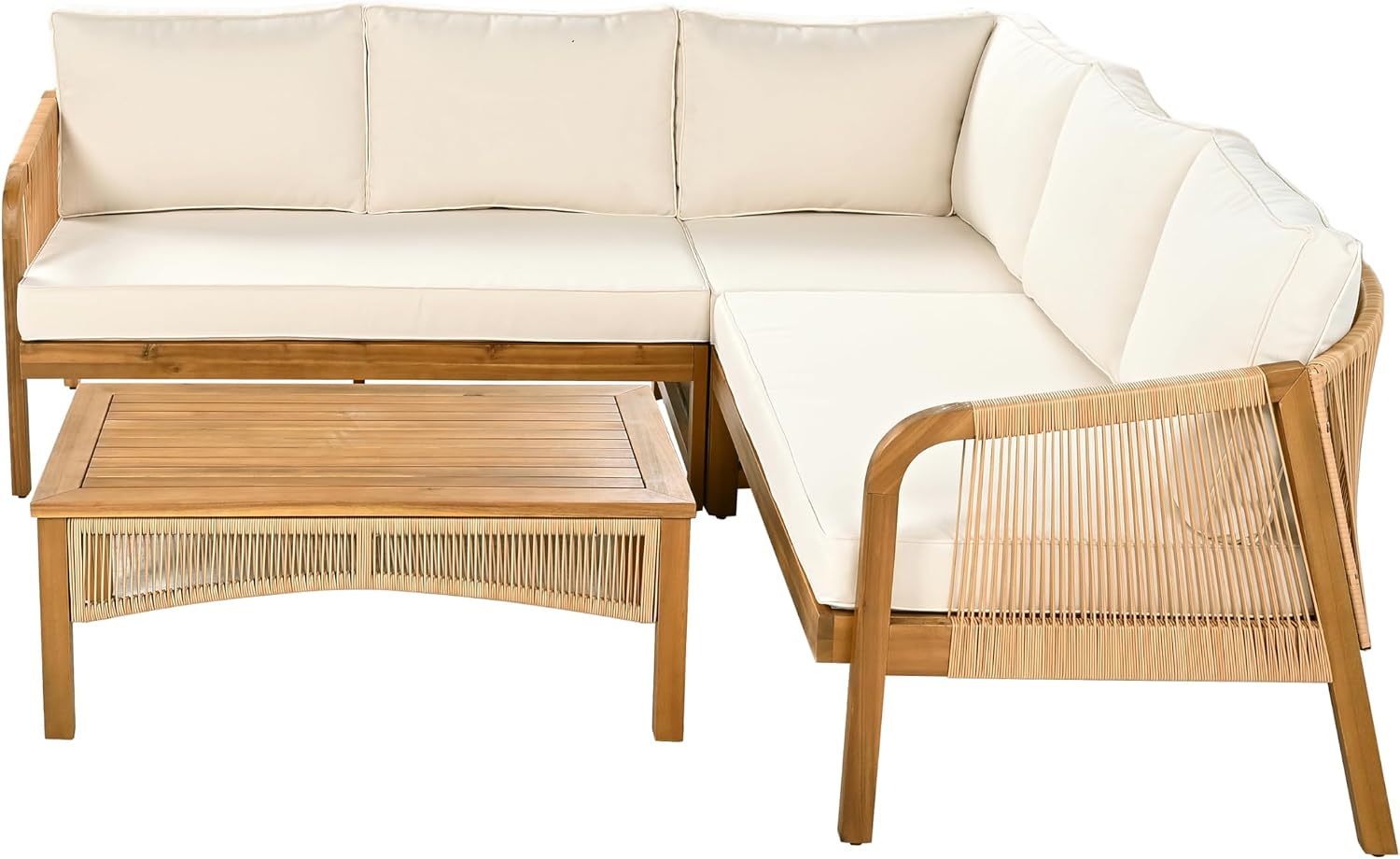4-Piece Acacia Wood Outdoor Conversation Set with Faux Rattan Accents, Slatted Sofa & Coffee Table, Modular Patio Seating Set for Garden & Deck