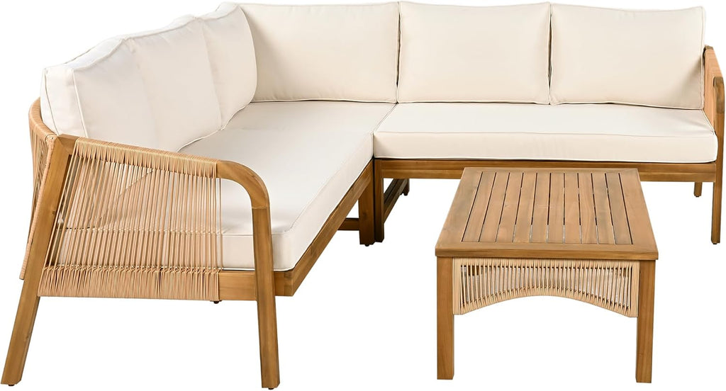 4-Piece Acacia Wood Outdoor Conversation Set with Faux Rattan Accents, Slatted Sofa & Coffee Table, Modular Patio Seating Set for Garden & Deck