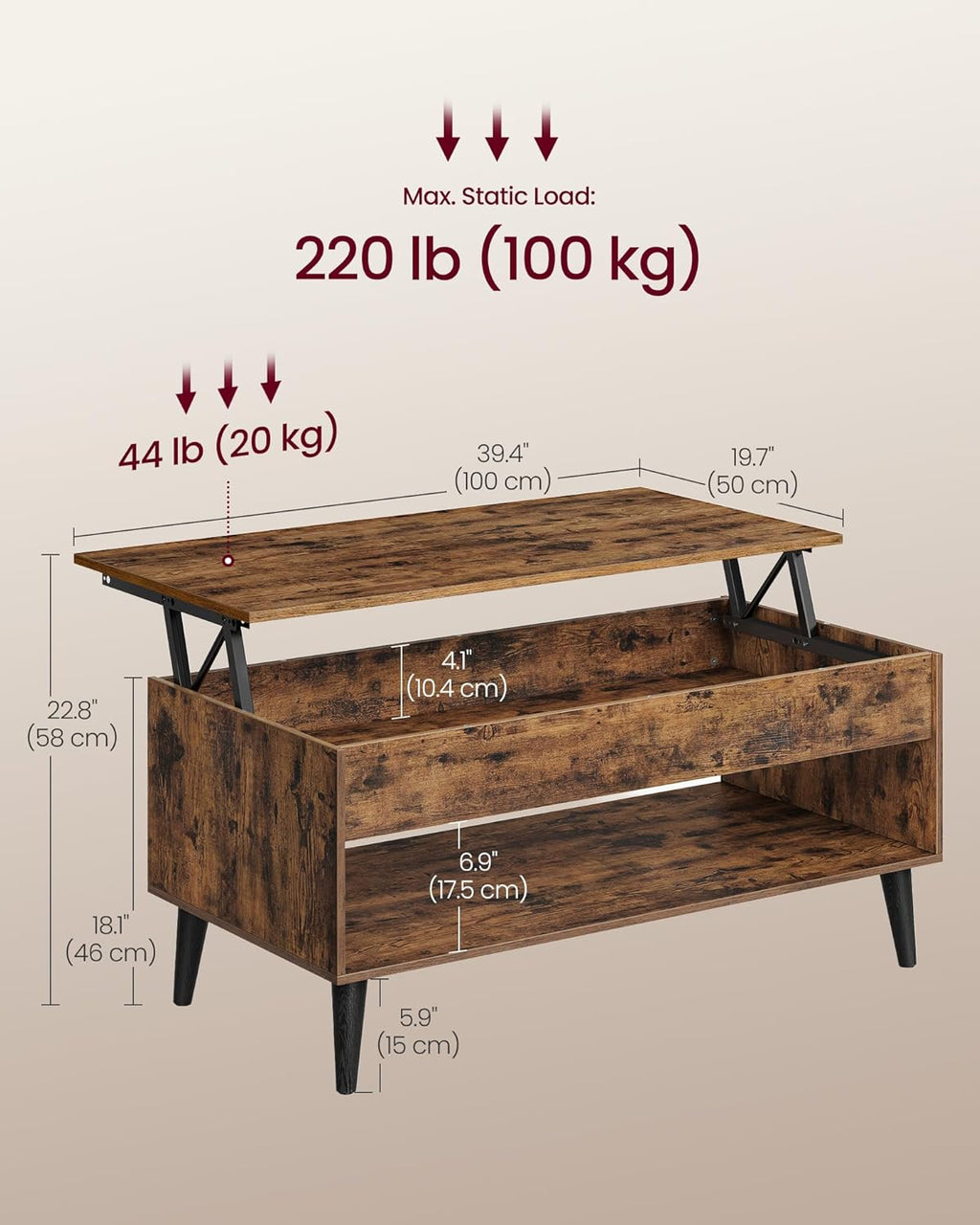 Lift Top Coffee Table with Storage, Mid Century Modern Center Table with Hidden Compartment, Convertible Coffee Table for Living Room and Small Spaces
