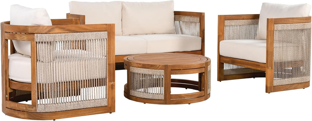 4-Piece Acacia Wood Outdoor Conversation Set with Rope Weave Chairs, Slatted Coffee Table & Loveseat, Patio Garden Balcony Seating Set