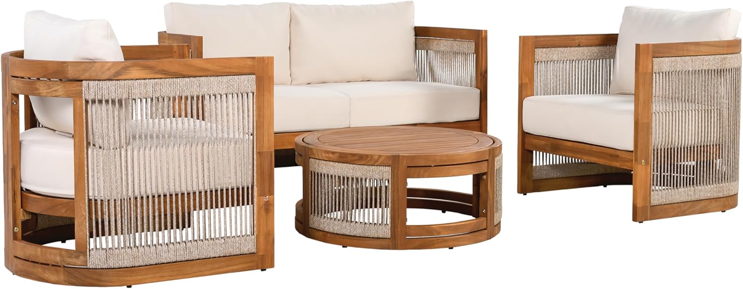 4-Piece Acacia Wood Outdoor Conversation Set with Rope Weave Chairs, Slatted Coffee Table & Loveseat, Patio Garden Balcony Seating Set