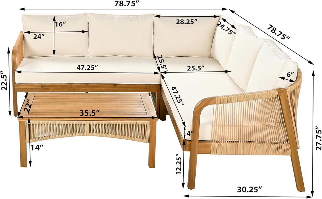 4-Piece Acacia Wood Outdoor Conversation Set with Faux Rattan Accents, Slatted Sofa & Coffee Table, Modular Patio Seating Set for Garden & Deck
