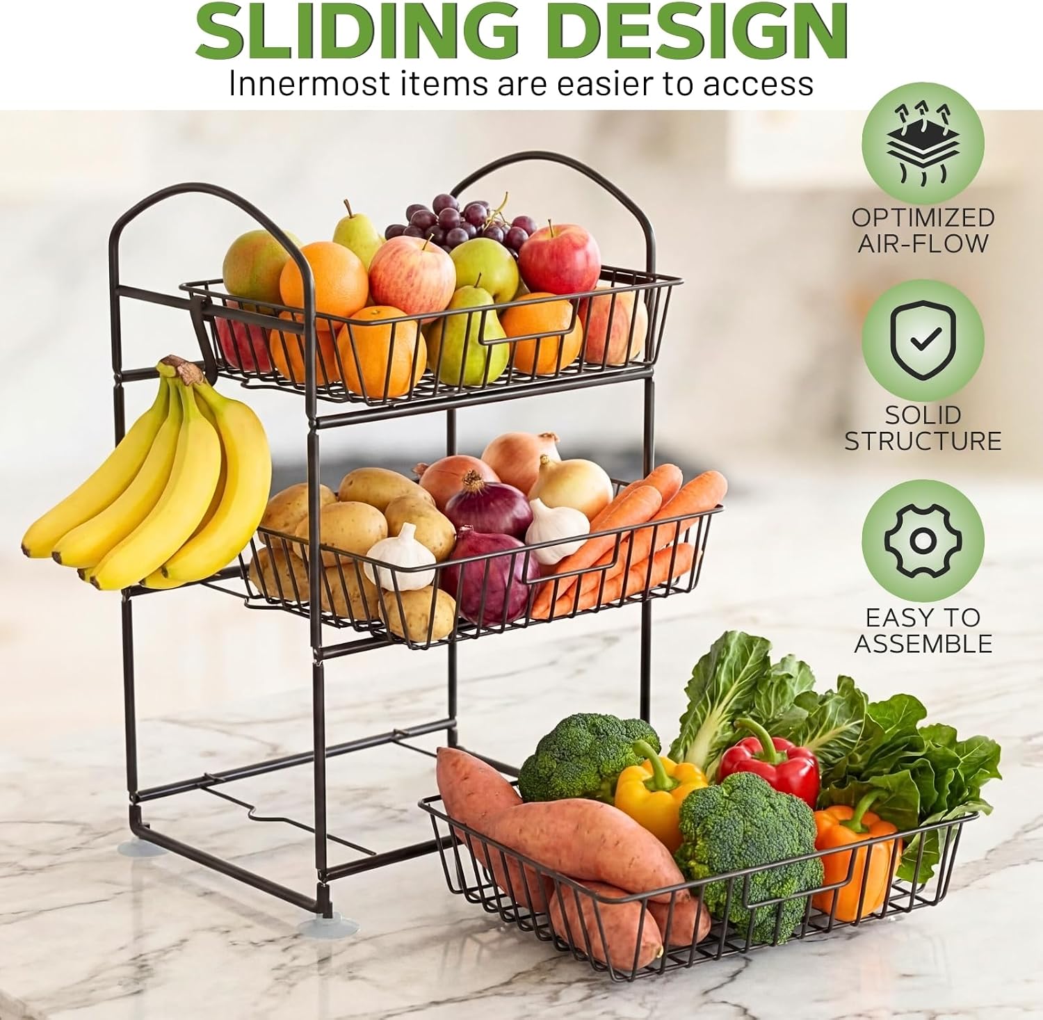 3-Tier Fruit Basket with Detachable Baskets, Countertop Vegetable Storage Organizer for Kitchen and Pantry