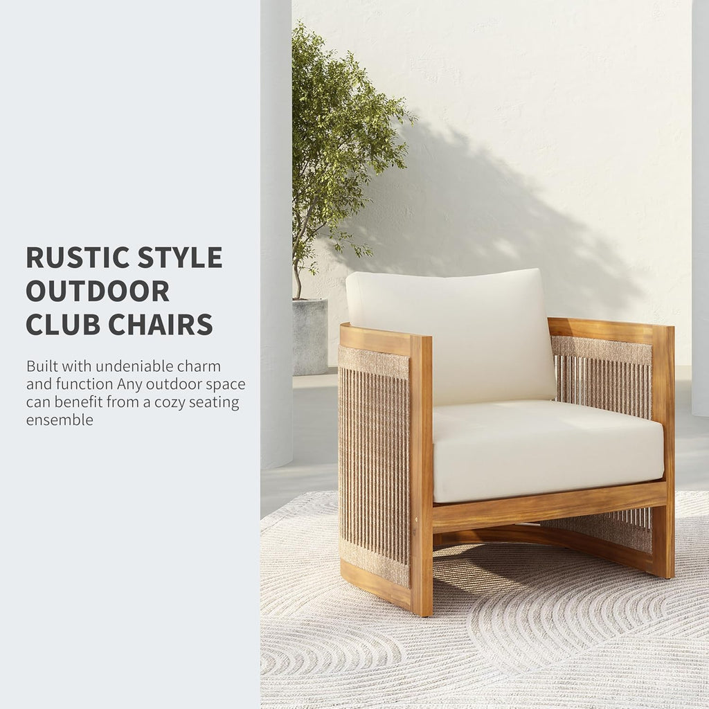 4-Piece Acacia Wood Outdoor Conversation Set with Rope Weave Chairs, Slatted Coffee Table & Loveseat, Patio Garden Balcony Seating Set