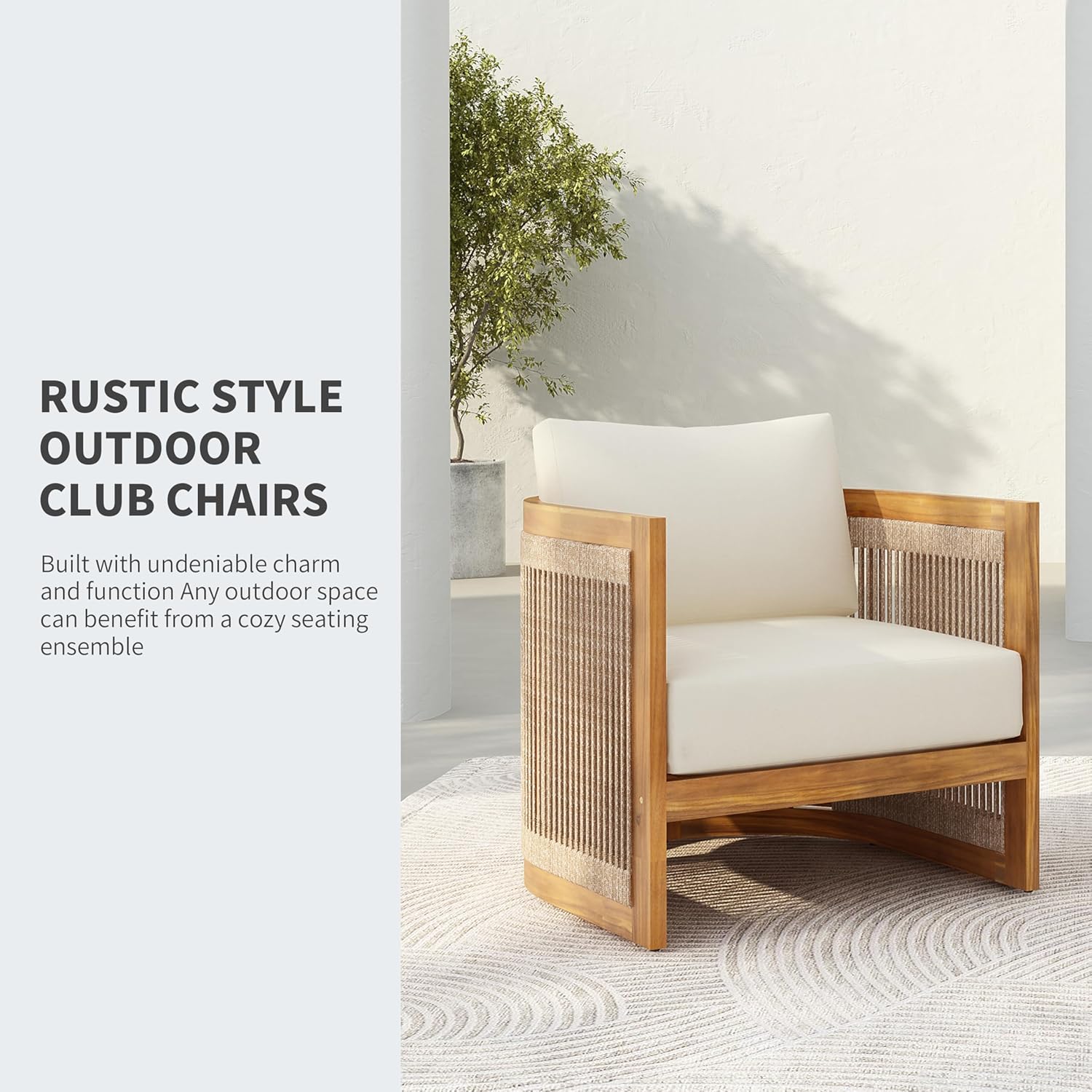 4-Piece Acacia Wood Outdoor Conversation Set with Rope Weave Chairs, Slatted Coffee Table & Loveseat, Patio Garden Balcony Seating Set