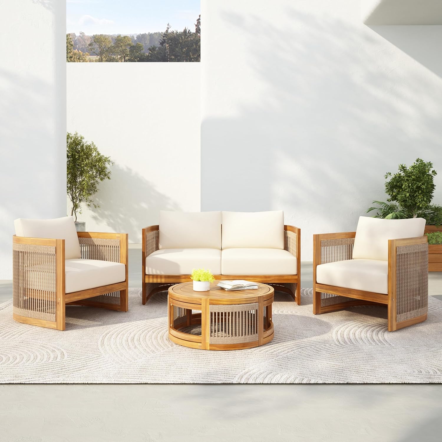 4-Piece Acacia Wood Outdoor Conversation Set with Rope Weave Chairs, Slatted Coffee Table & Loveseat, Patio Garden Balcony Seating Set