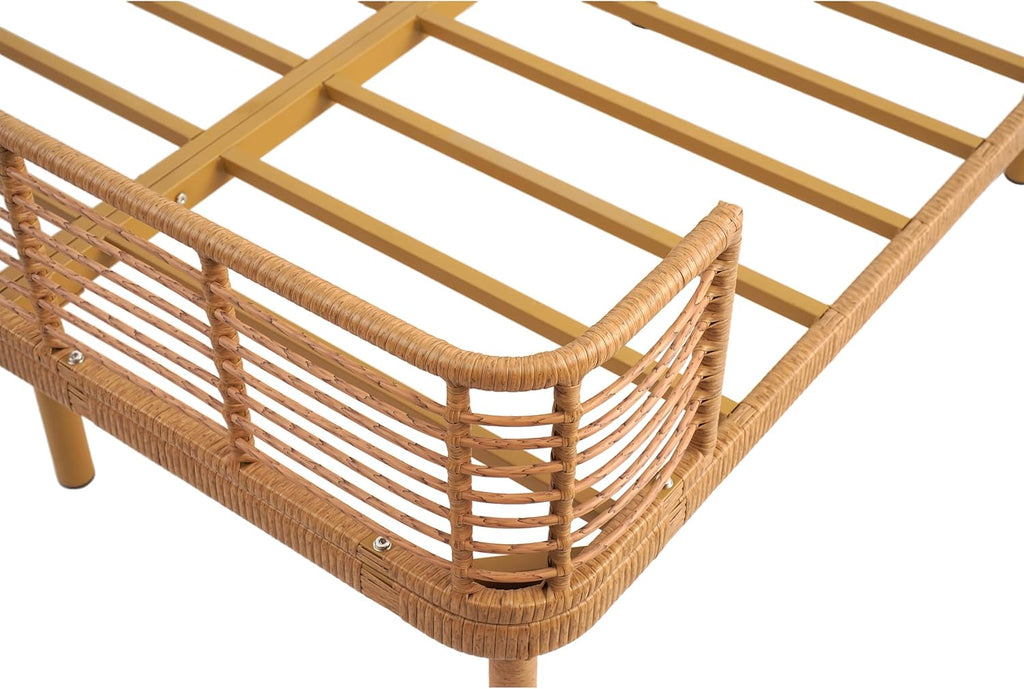 Boho King Bed Frame with 47” Wingback Headboard, Faux Rattan Platform Bed, Metal Slat Support, No Box Spring Needed, Easy Assembly