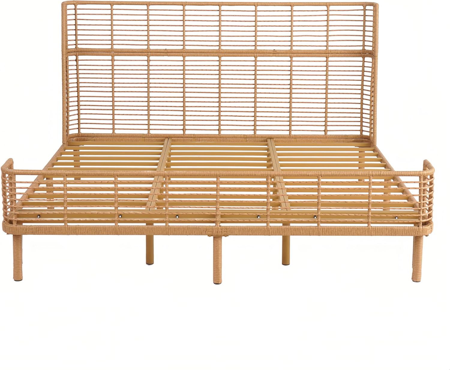 Boho King Bed Frame with 47” Wingback Headboard, Faux Rattan Platform Bed, Metal Slat Support, No Box Spring Needed, Easy Assembly
