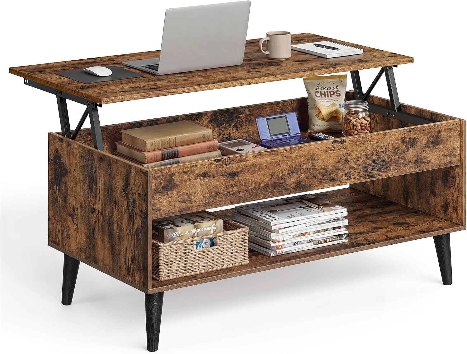 Lift Top Coffee Table with Storage, Mid Century Modern Center Table with Hidden Compartment, Convertible Coffee Table for Living Room and Small Spaces