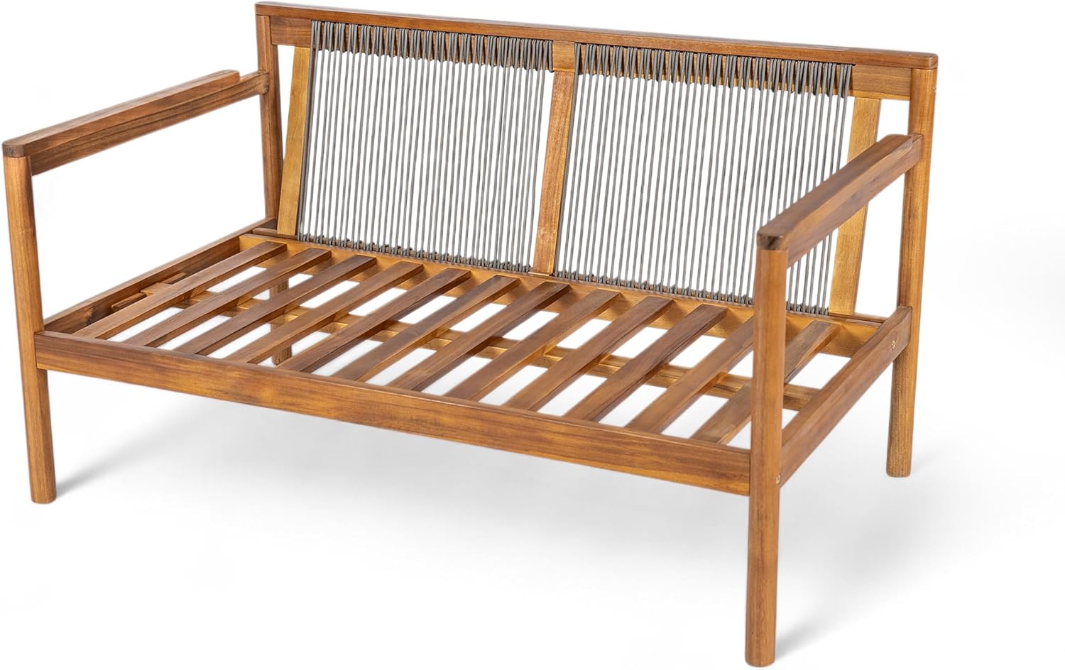 4-Piece Acacia Wood Outdoor Conversation Set with Rope Weave Chairs, Cushioned Loveseat & Coffee Table, Patio Seating Set for Garden, Balcony & Deck