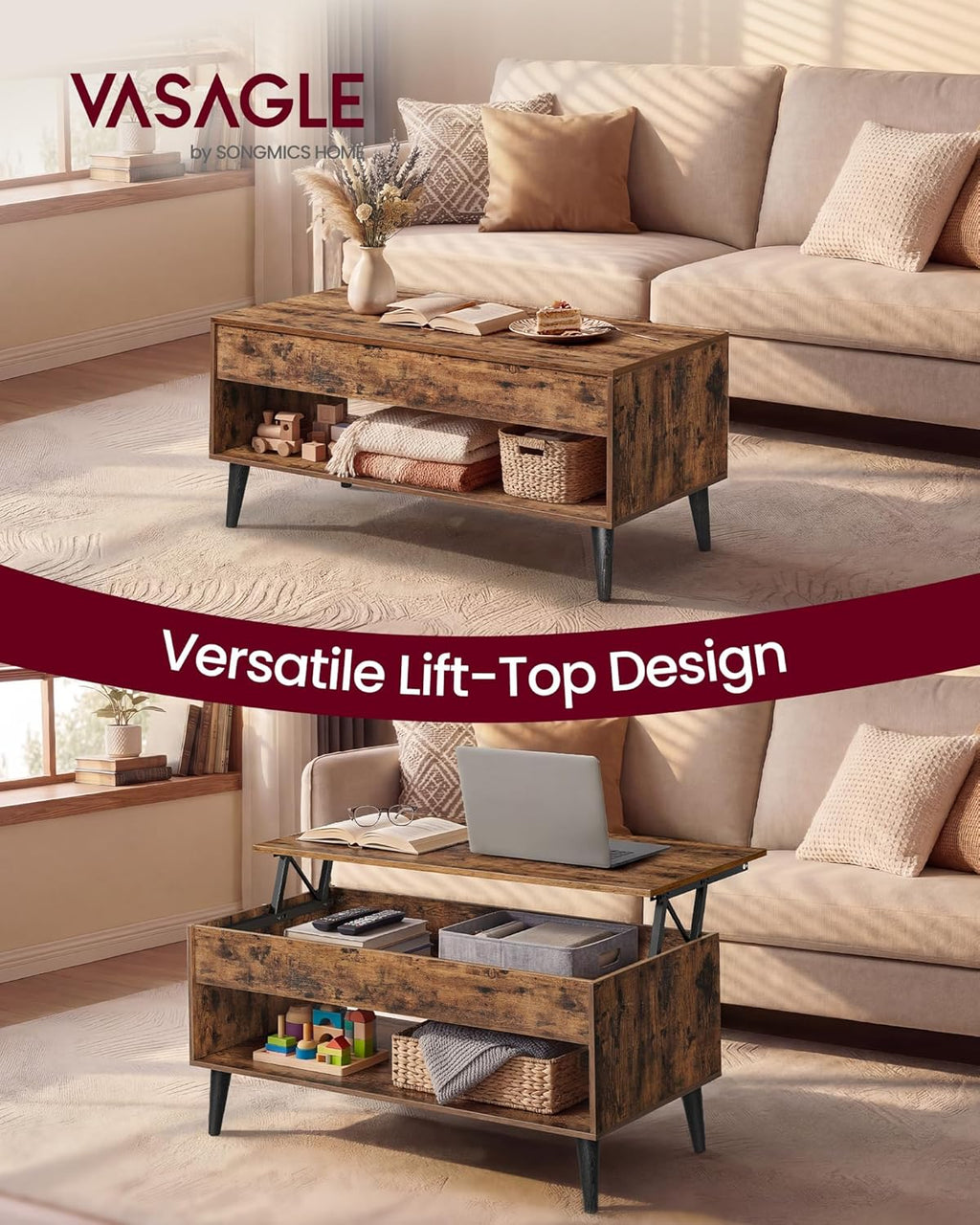 Lift Top Coffee Table with Storage, Mid Century Modern Center Table with Hidden Compartment, Convertible Coffee Table for Living Room and Small Spaces