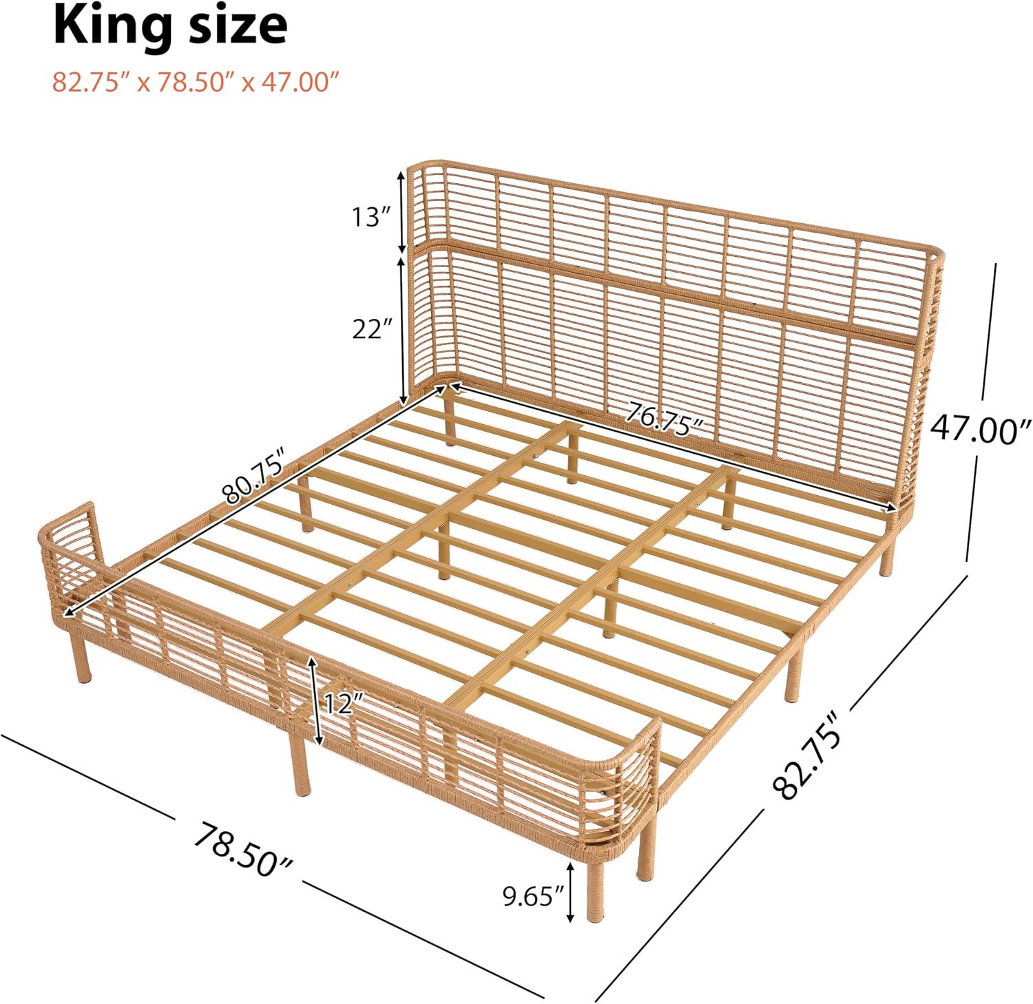 Boho King Bed Frame with 47” Wingback Headboard, Faux Rattan Platform Bed, Metal Slat Support, No Box Spring Needed, Easy Assembly