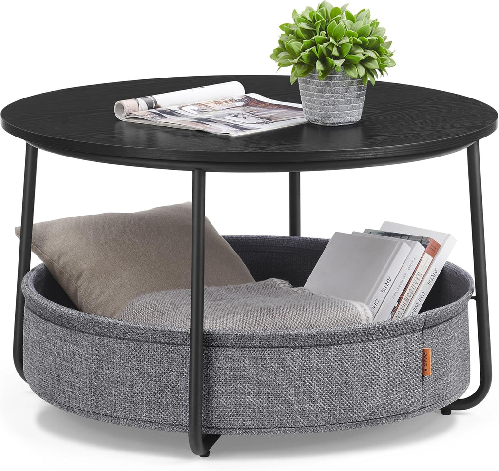 Round Coffee Table with Storage Basket, Modern Living Room Center Table with Fabric Storage, 29.5 Inch Coffee Table for Small Spaces