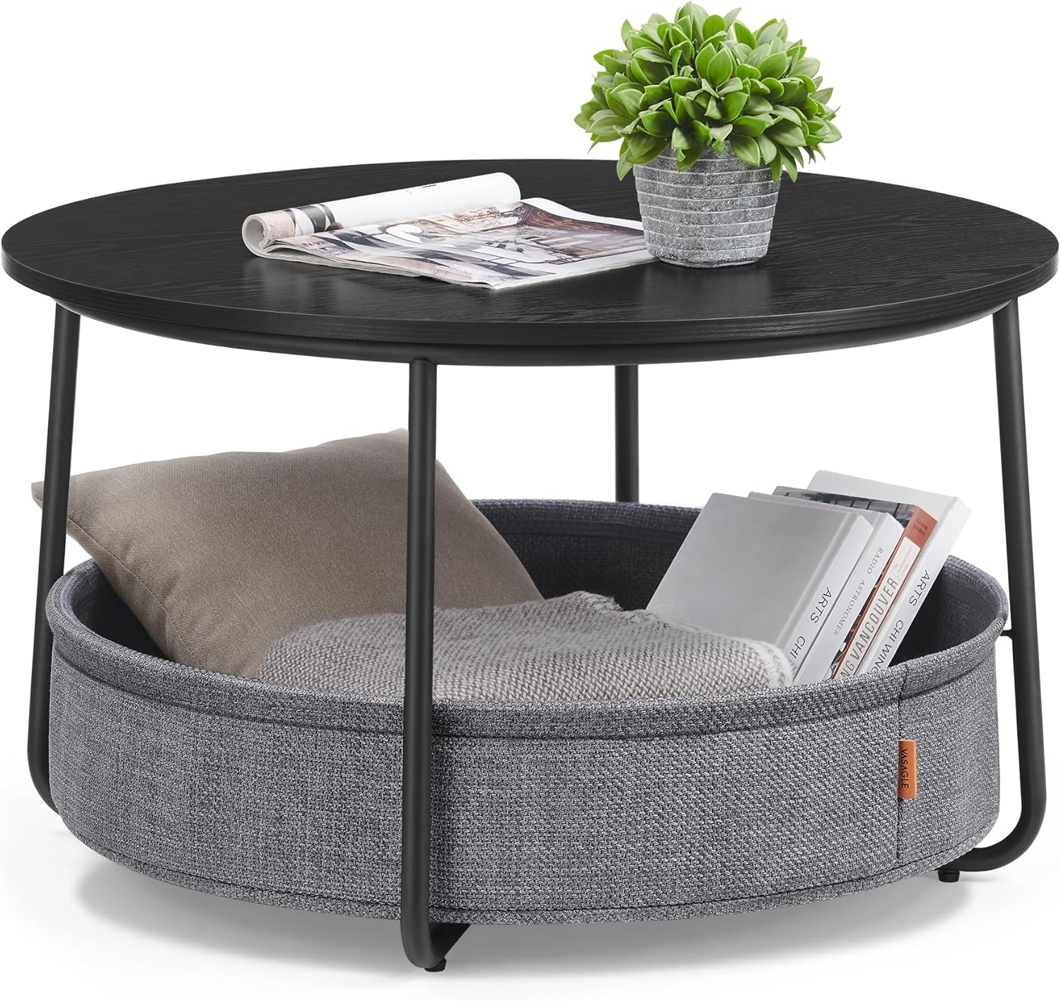 Round Coffee Table with Storage Basket, Modern Living Room Center Table with Fabric Storage, 29.5 Inch Coffee Table for Small Spaces