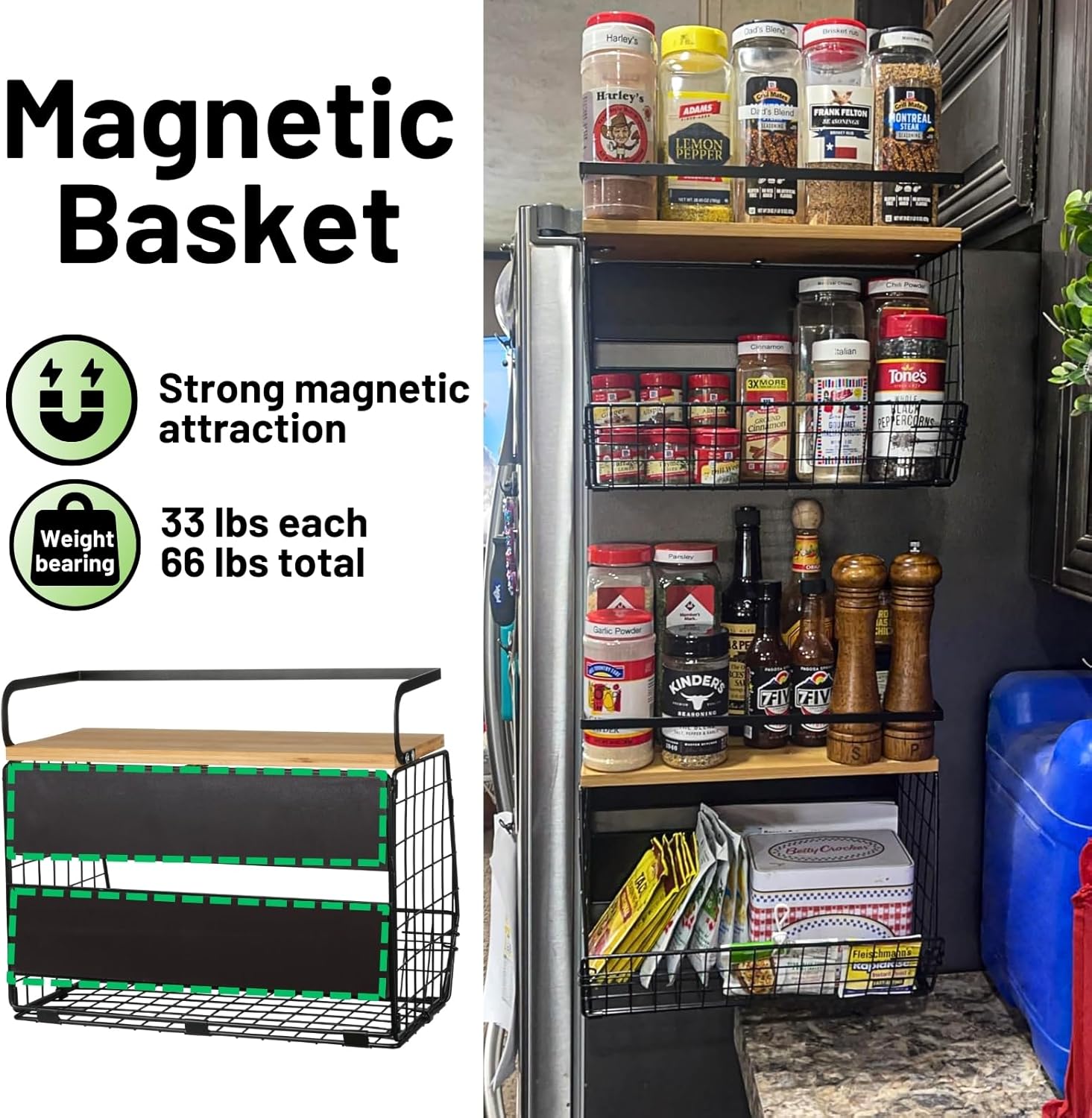 Heavy Duty Magnetic Fridge Shelf Organizer, 15kg Load Kitchen Storage Rack, No Drill Space Saving Organizer for Kitchen and Pantry