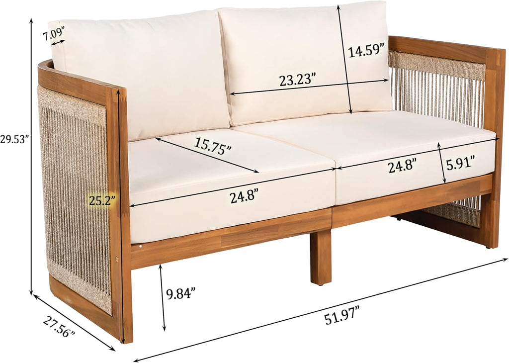 4-Piece Acacia Wood Outdoor Conversation Set with Rope Weave Chairs, Slatted Coffee Table & Loveseat, Patio Garden Balcony Seating Set