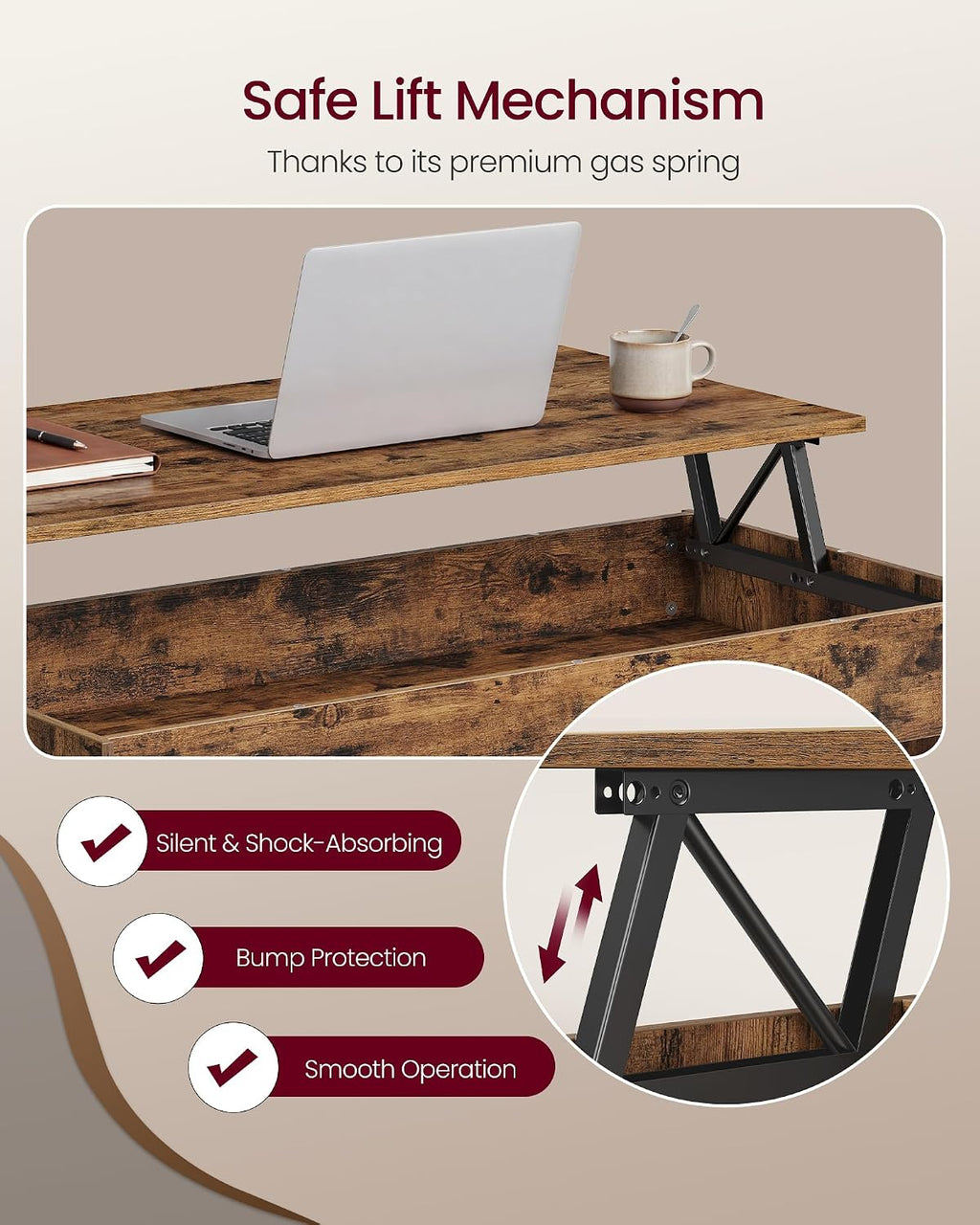Lift Top Coffee Table with Storage, Mid Century Modern Center Table with Hidden Compartment, Convertible Coffee Table for Living Room and Small Spaces