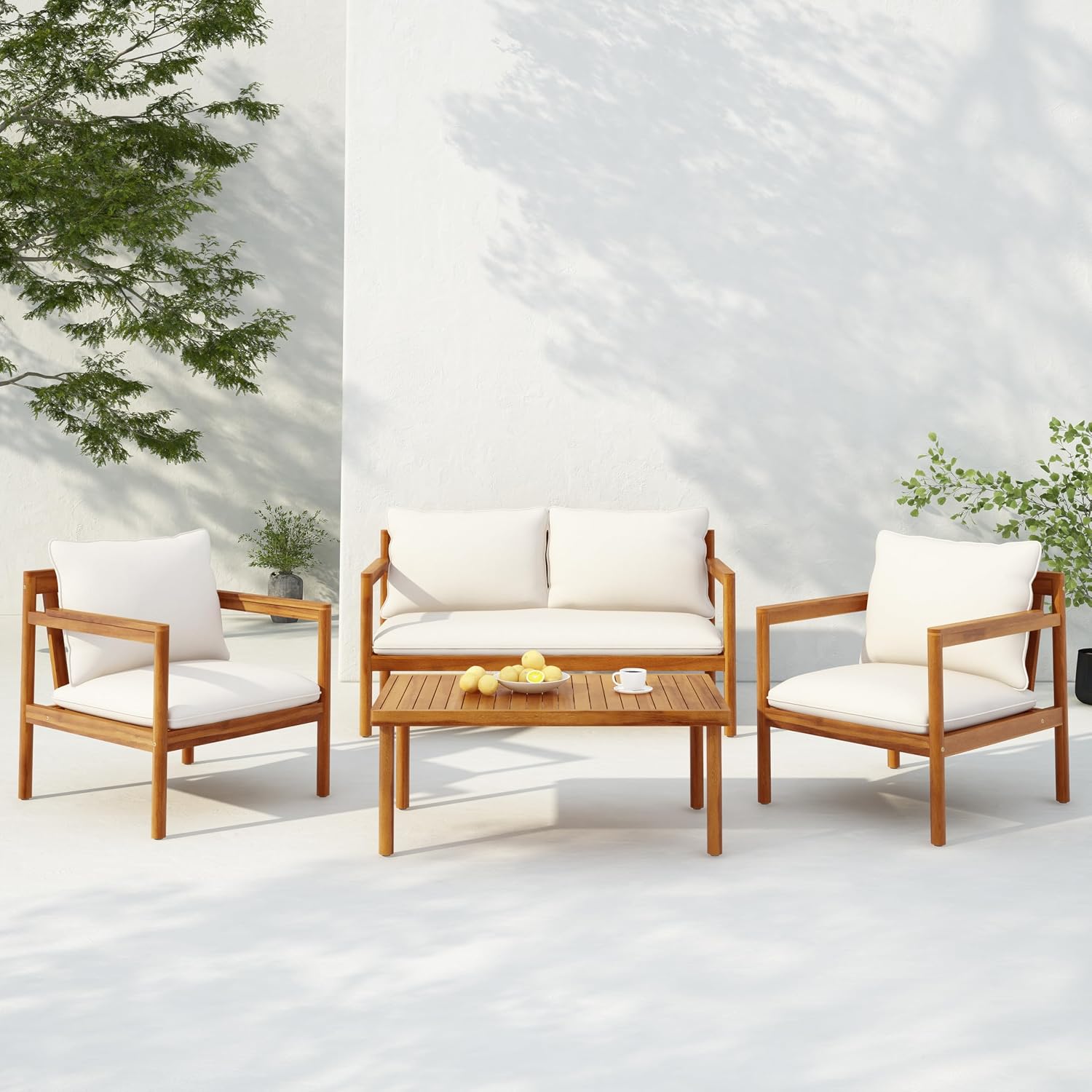 4-Piece Acacia Wood Outdoor Conversation Set with Rope Weave Chairs, Cushioned Loveseat & Coffee Table, Patio Seating Set for Garden, Balcony & Deck