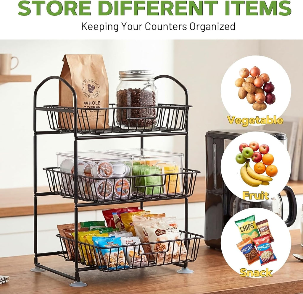 3-Tier Fruit Basket with Detachable Baskets, Countertop Vegetable Storage Organizer for Kitchen and Pantry