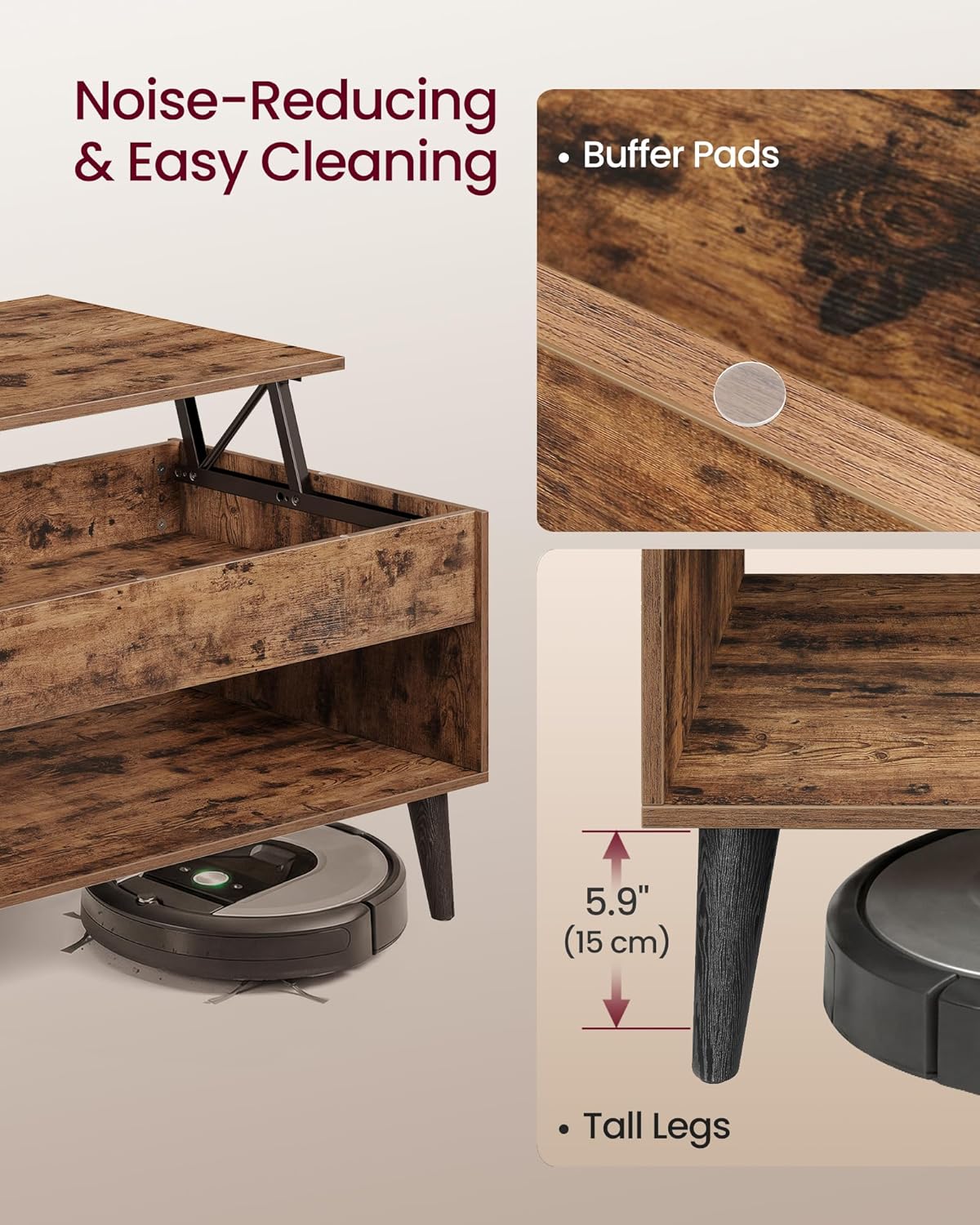 Lift Top Coffee Table with Storage, Mid Century Modern Center Table with Hidden Compartment, Convertible Coffee Table for Living Room and Small Spaces