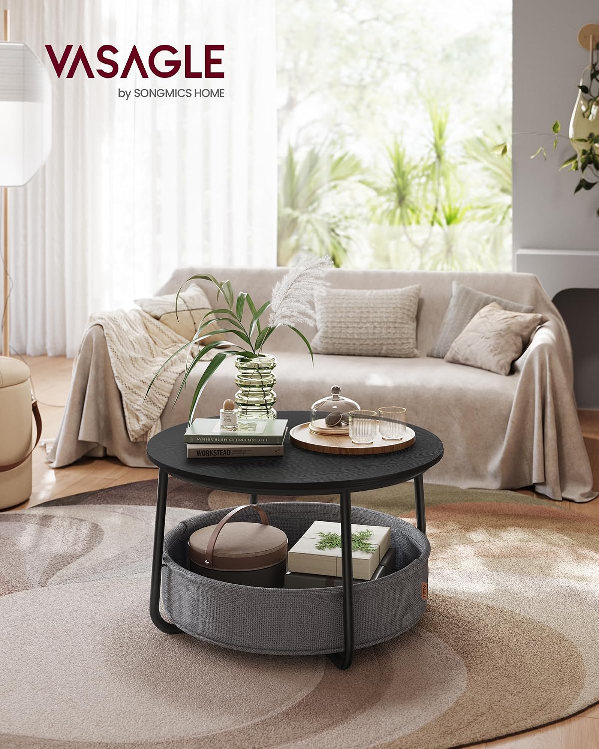Round Coffee Table with Storage Basket, Modern Living Room Center Table with Fabric Storage, 29.5 Inch Coffee Table for Small Spaces