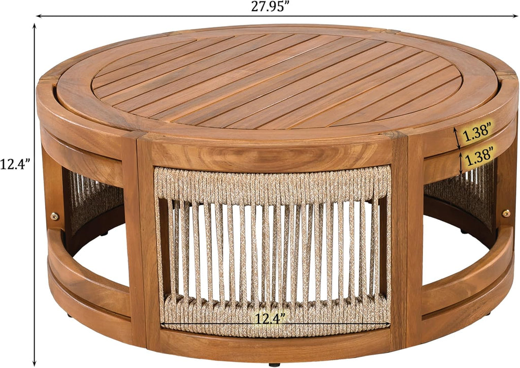 4-Piece Acacia Wood Outdoor Conversation Set with Rope Weave Chairs, Slatted Coffee Table & Loveseat, Patio Garden Balcony Seating Set