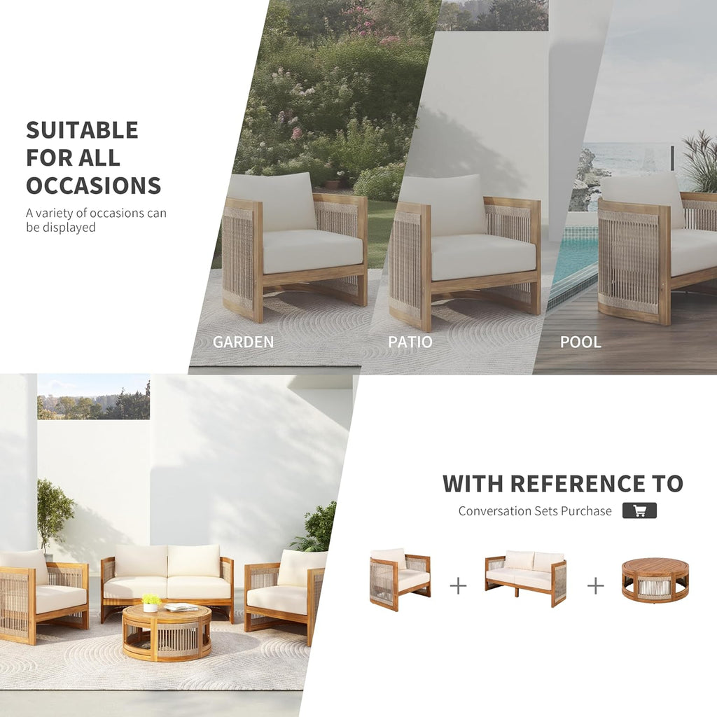 4-Piece Acacia Wood Outdoor Conversation Set with Rope Weave Chairs, Slatted Coffee Table & Loveseat, Patio Garden Balcony Seating Set