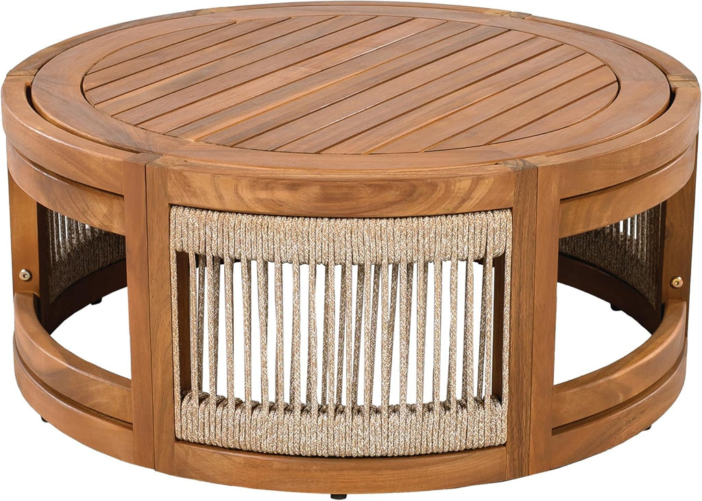 4-Piece Acacia Wood Outdoor Conversation Set with Rope Weave Chairs, Slatted Coffee Table & Loveseat, Patio Garden Balcony Seating Set