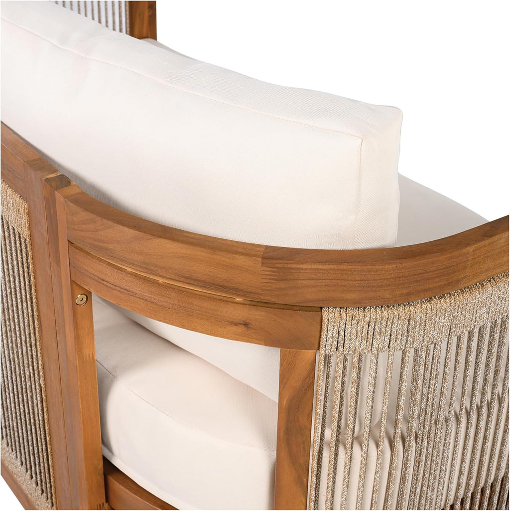4-Piece Acacia Wood Outdoor Conversation Set with Rope Weave Chairs, Slatted Coffee Table & Loveseat, Patio Garden Balcony Seating Set