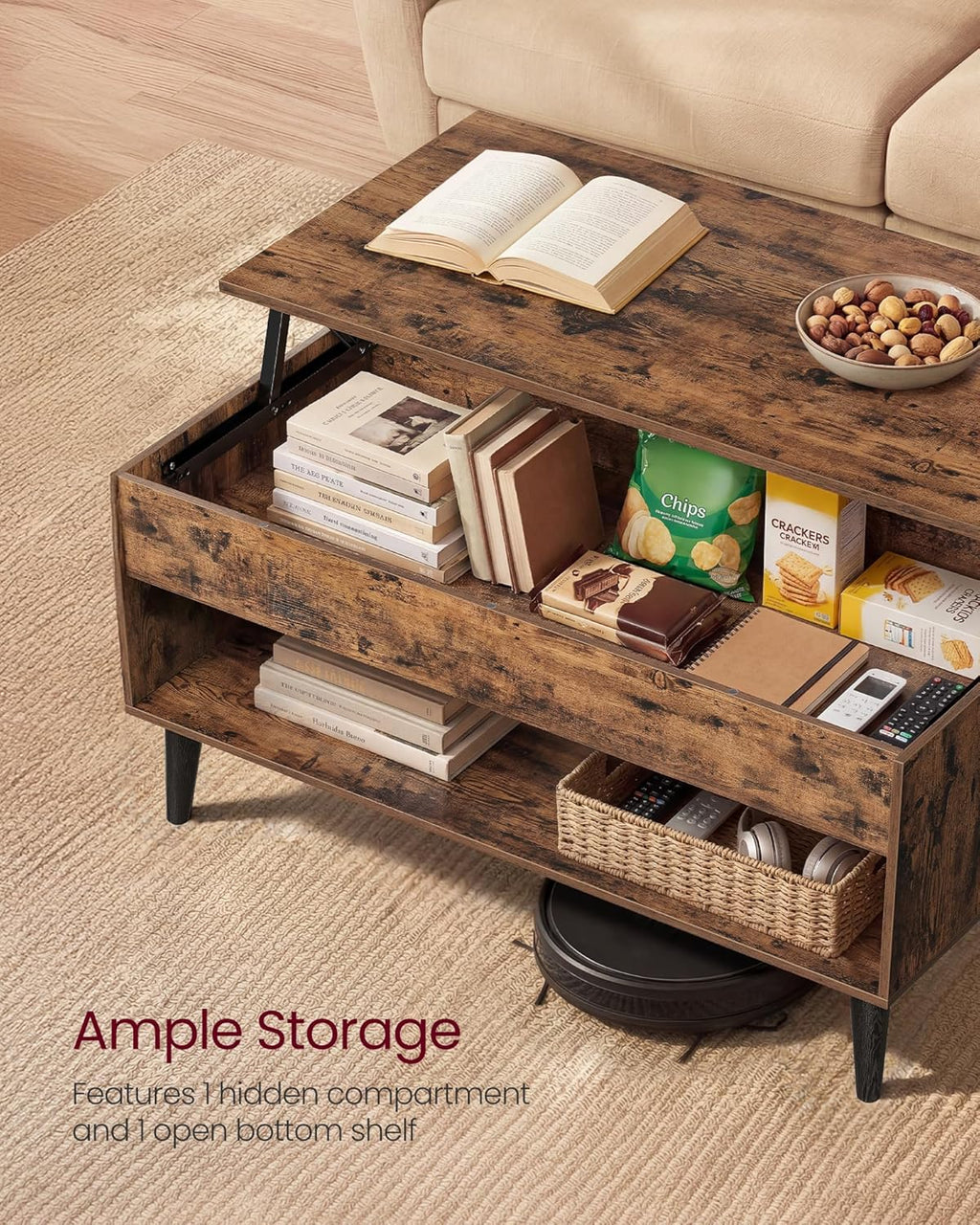 Lift Top Coffee Table with Storage, Mid Century Modern Center Table with Hidden Compartment, Convertible Coffee Table for Living Room and Small Spaces