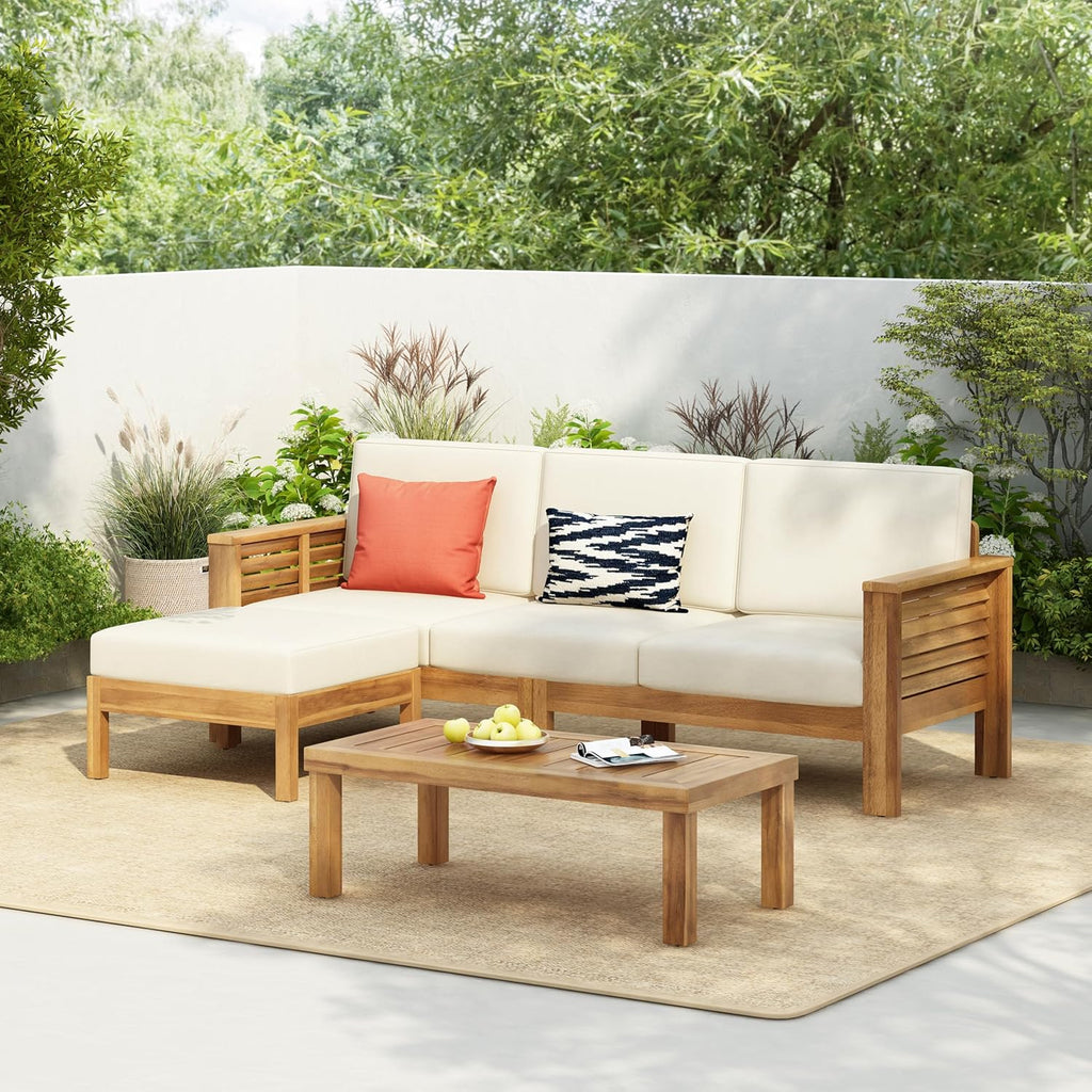 3-Piece Acacia Wood Patio Furniture Set with Sofa, Ottoman & Coffee Table, Outdoor Seating Set with Cushions for Patio, Garden & Poolside