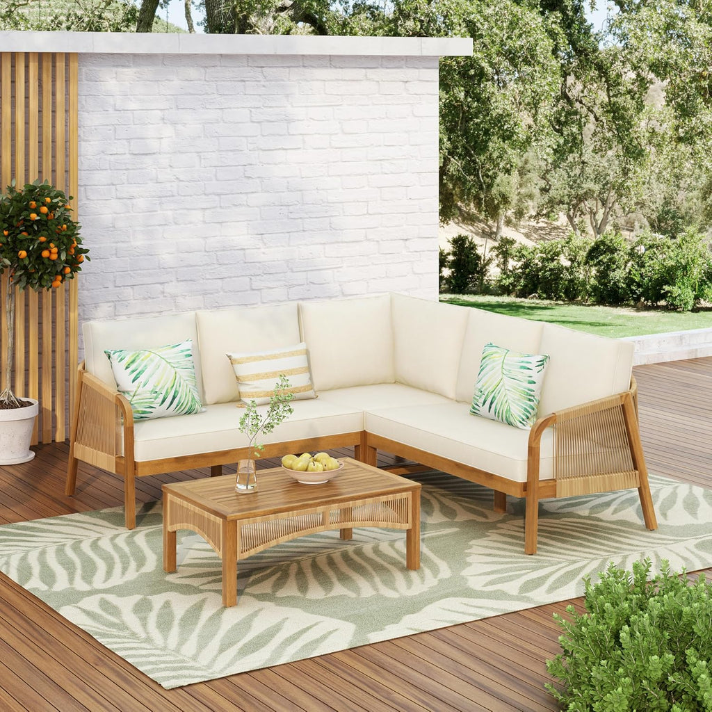 4-Piece Acacia Wood Outdoor Conversation Set with Faux Rattan Accents, Slatted Sofa & Coffee Table, Modular Patio Seating Set for Garden & Deck