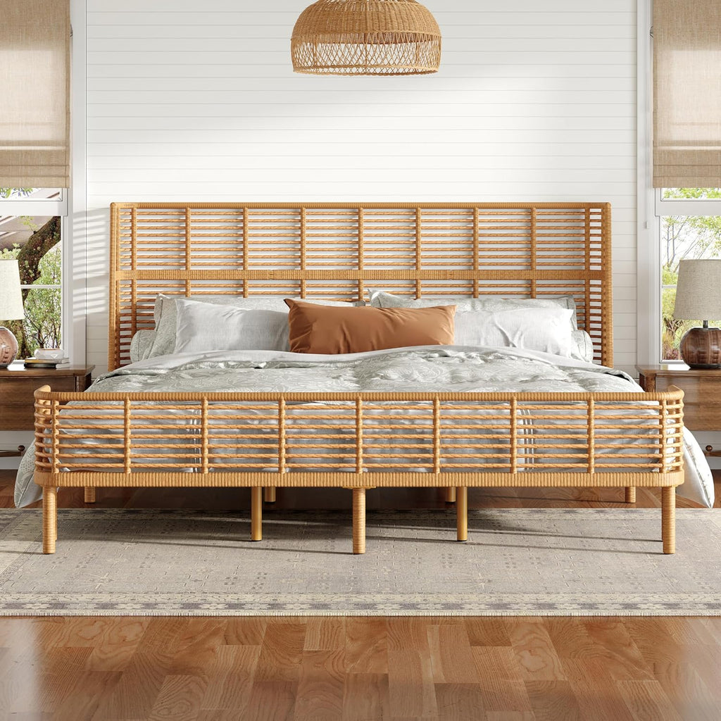Boho King Bed Frame with 47” Wingback Headboard, Faux Rattan Platform Bed, Metal Slat Support, No Box Spring Needed, Easy Assembly