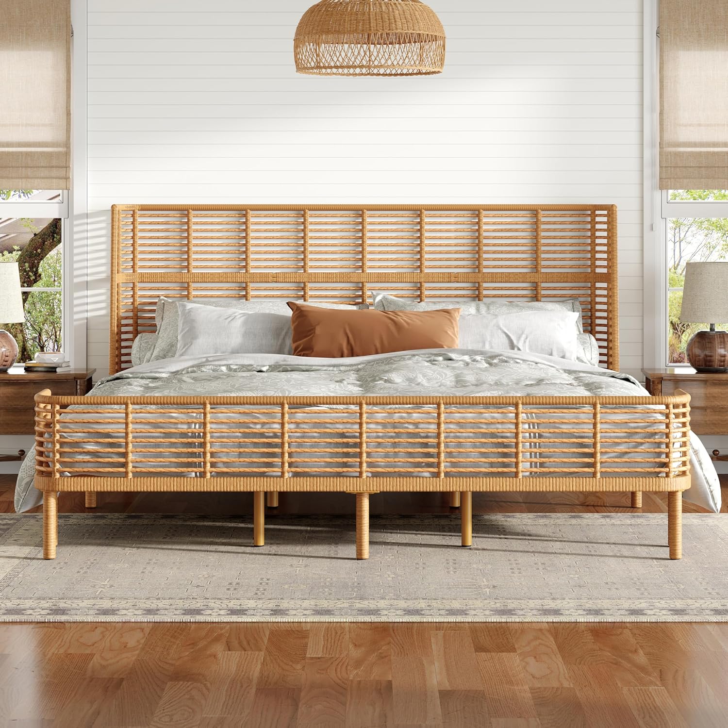 Boho King Bed Frame with 47” Wingback Headboard, Faux Rattan Platform Bed, Metal Slat Support, No Box Spring Needed, Easy Assembly