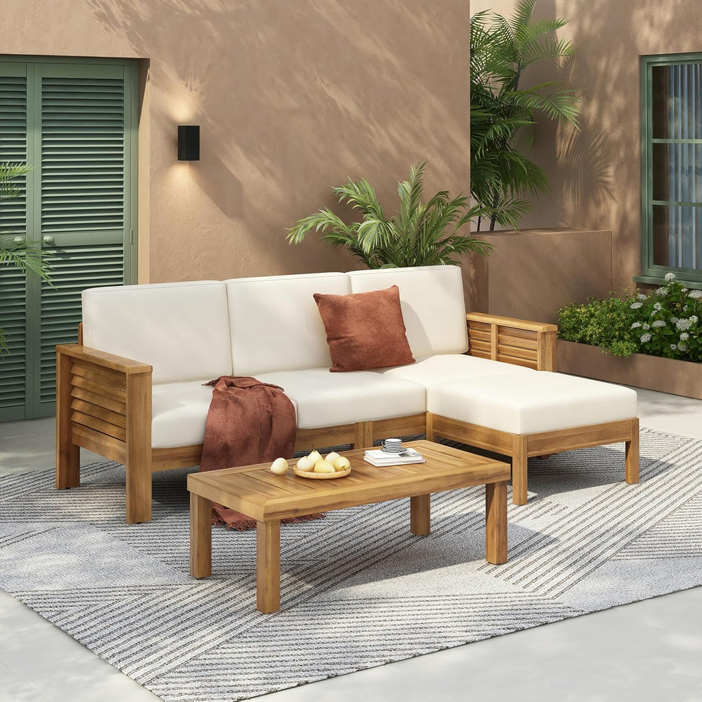 3-Piece Acacia Wood Patio Furniture Set with Sofa, Ottoman & Coffee Table, Outdoor Seating Set with Cushions for Patio, Garden & Poolside