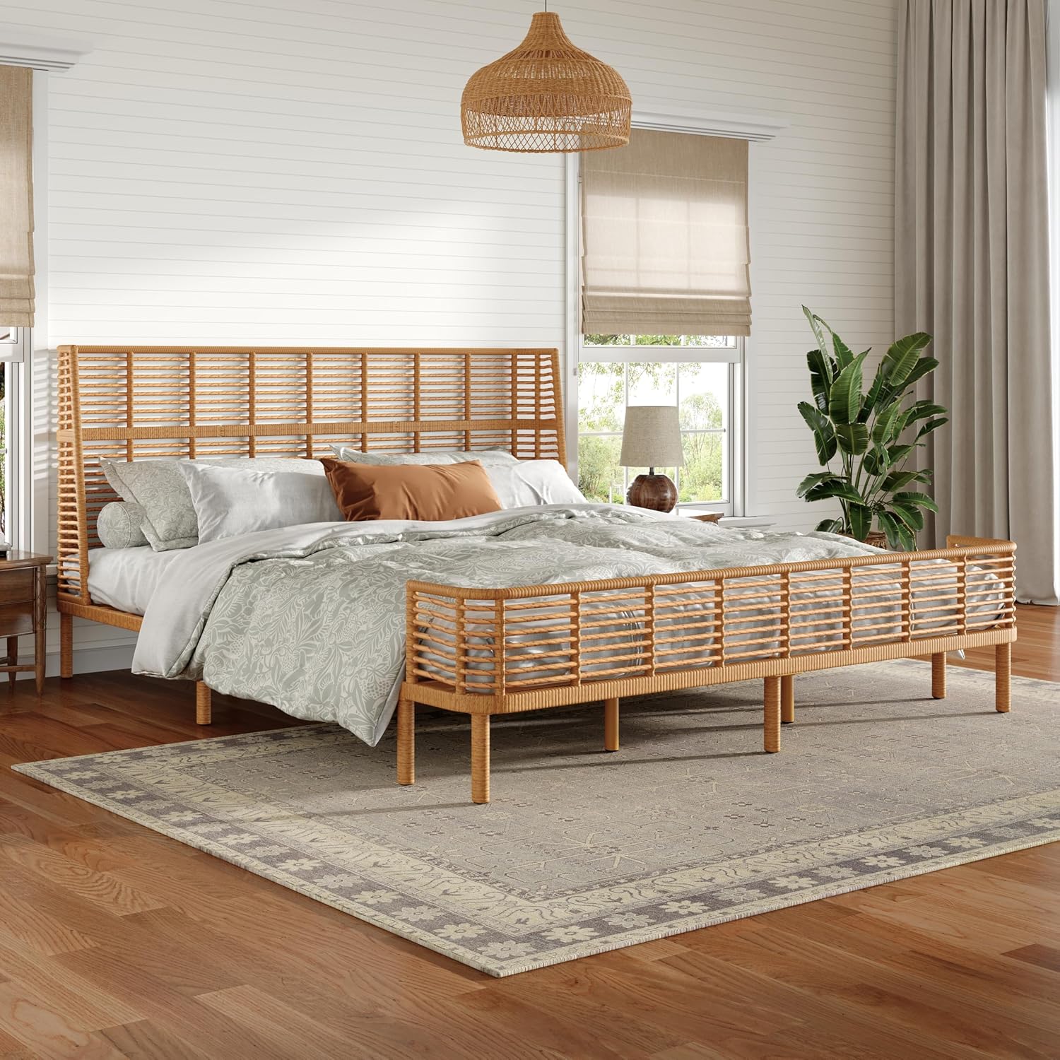 Boho King Bed Frame with 47” Wingback Headboard, Faux Rattan Platform Bed, Metal Slat Support, No Box Spring Needed, Easy Assembly