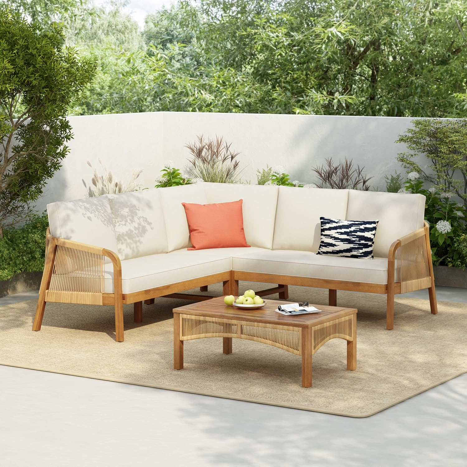 4-Piece Acacia Wood Outdoor Conversation Set with Faux Rattan Accents, Slatted Sofa & Coffee Table, Modular Patio Seating Set for Garden & Deck