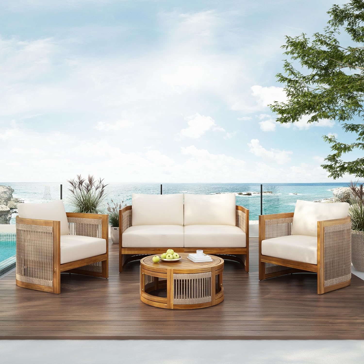 4-Piece Acacia Wood Outdoor Conversation Set with Rope Weave Chairs, Slatted Coffee Table & Loveseat, Patio Garden Balcony Seating Set